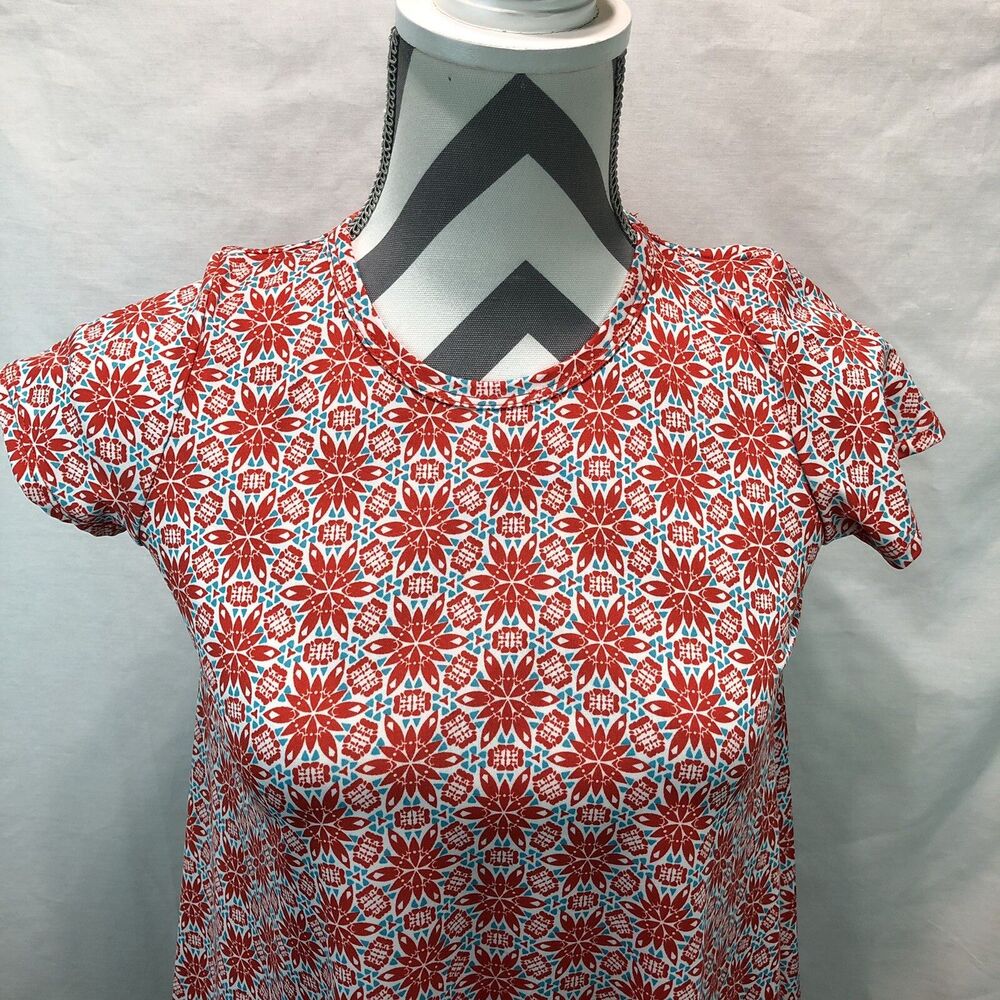 LuLaRoe Women's Short Sleeve Hi-Lo Tunic Top Red Blue Floral Size 10 UU12